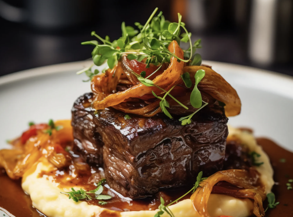 Prato principal — carne ao molho com purê
